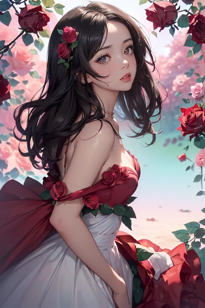 (masterpiece, best quality), photorealistic illustration, mature woman, flower dress, colorful, darl background,flower armor,red theme,
