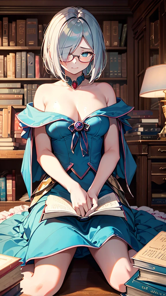 (masterpiece), (best quality), ((very detailed)), (very delicate), (A young girl),10-year-old girl, silver short hair. Soft, shiny hair. Clear cyan droopy eyes, long bangs covering her eyes. Wears glasses to avoid eye contact., Cute frilly dress with detailed textures, Luxurious room with bookshelves and fancy furniture. Often reading books,Shy, always looking down, lacking confidence, on the verge of tears