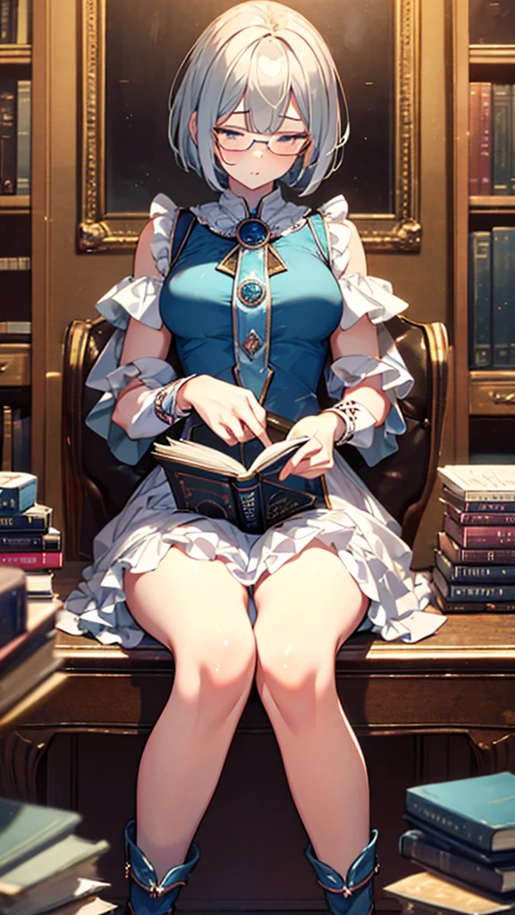 (masterpiece), (best quality), ((very detailed)), (very delicate), (A young girl),10-year-old girl, silver short hair. Soft, shiny hair. Clear cyan droopy eyes, long bangs covering her eyes. Wears glasses to avoid eye contact., Cute frilly dress with detailed textures, Luxurious room with bookshelves and fancy furniture. Often reading books,Shy, always looking down, lacking confidence, on the verge of tears