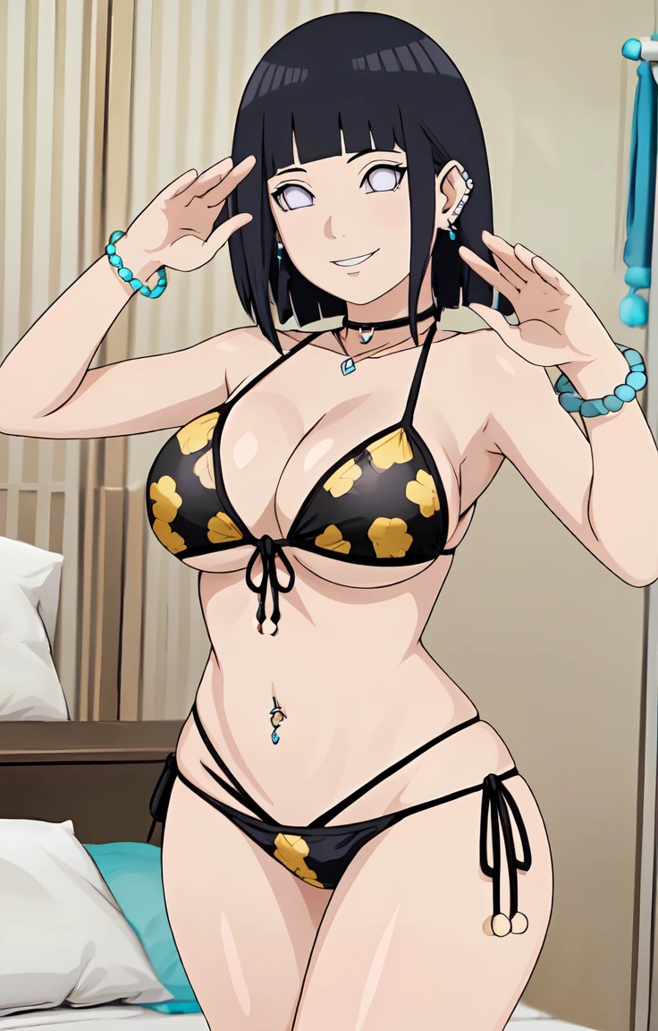 score_9, score_8_up, score_7_up, source_anime,, looking at viewer, eyes smile ,  big breasts , wide hips , cowboy pose, milf body, 1girl, hinata, kitagawa_bikini , bedroom , (wearing a micro bikini with print:1.2)), cowboy pose (marinbikiniv1), (print bikini:1.2), (piercing), (side-tie bikini bottom:1.2), (earrings), (collarbone), (cleavage:1.2), (black choker), (bead bracelet)