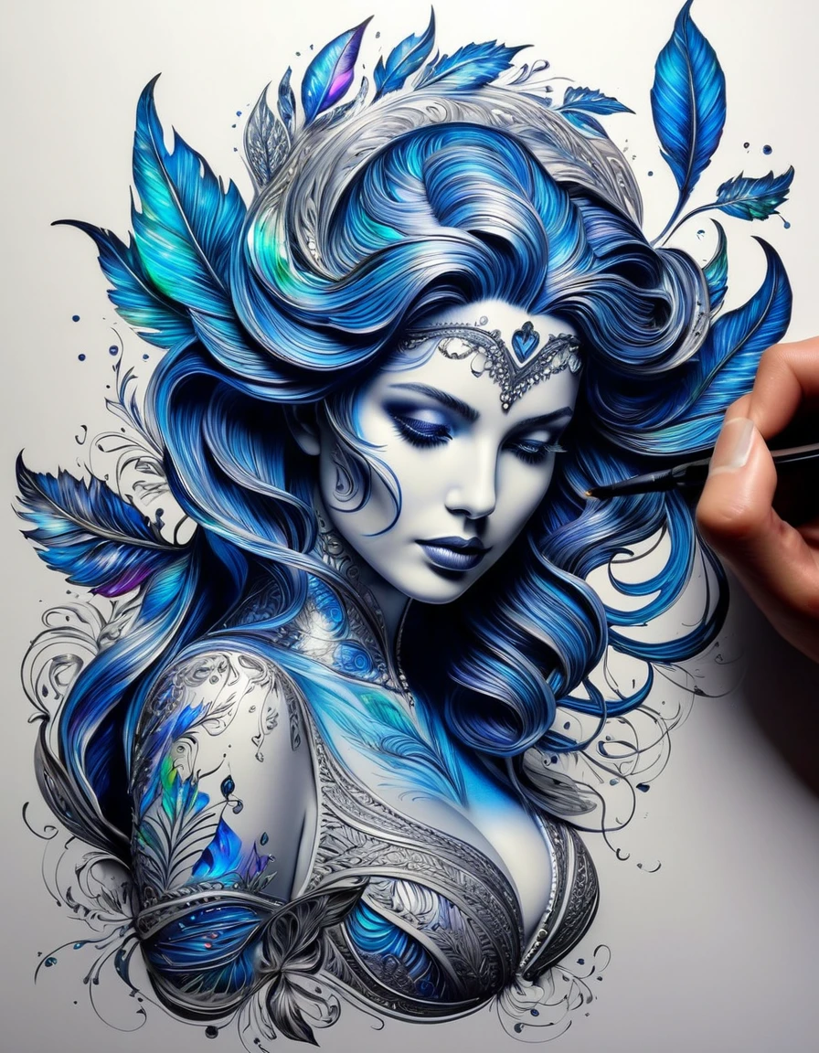 Dessiner une figurine 4D de style encre uhd époustouflante et à couper le souffle, effet holographique qui semble sortir de la feuille de dessin, extremely detailed drawing, hyperRéaliste, sublime details. Truly remarkable work, joyful and sensual work, couleurs de feu, taille fine et sublime poitrine effet push-up