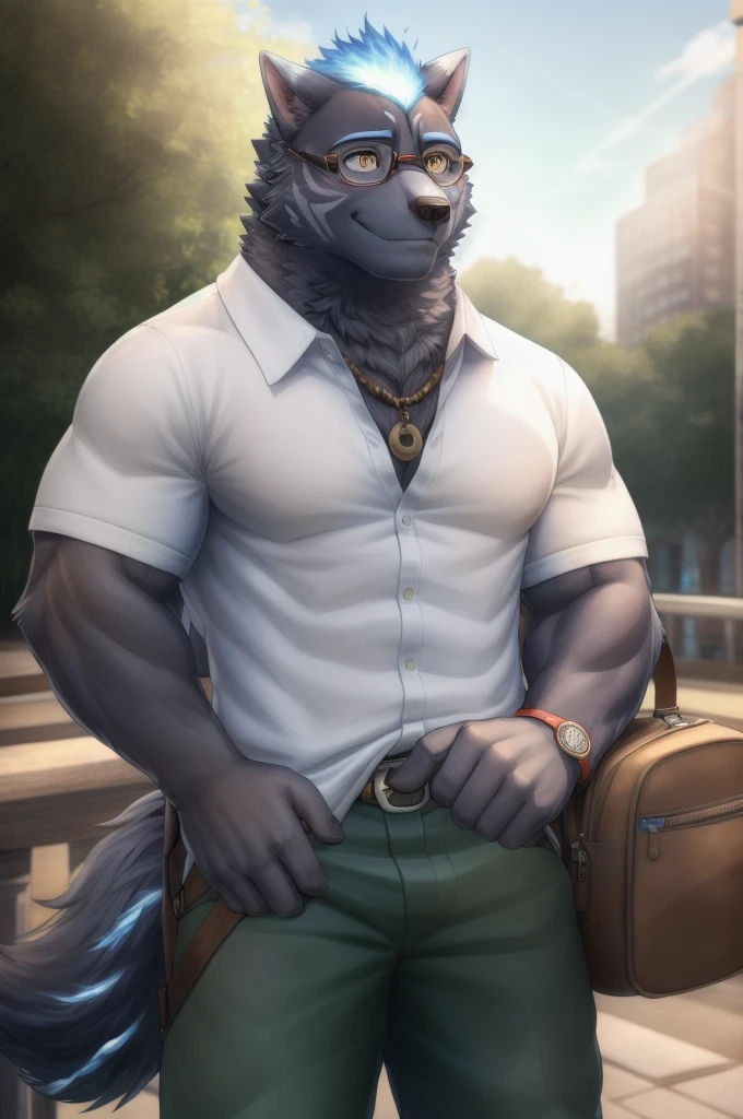 furlong, muscular male, bara, orange eyes, wolf tail, black fur, (pose:1.3), (posing:1.3), (soft shading), 4k, hi res, five fingers, detailed hands, ((detailed face, (detailed eyes:1.0), detailed)), (full body), by zackarry911, by zaush, (by personalami:0.5), solo, looking at viewer, blush, smile, shirt, 1boy, holding, white shirt, male focus, cowboy shot, glasses, pants, bag, cup, fire, casual, scar on face, disposable cup, green pants, blue fire hair