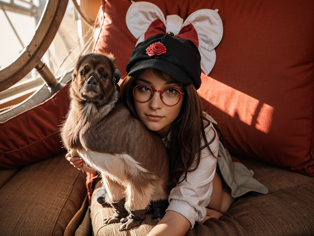 Un animal  autruche portant des lunettes de soleil et des bottes rose. Elle a une casquette rouge et des grands yeux avec de grands cils..