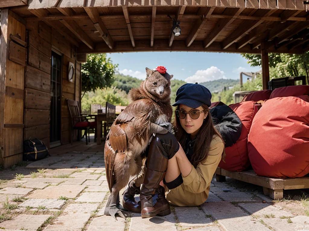 Un animal autruche portant des lunettes de soleil et des bottes rose. Elle a une casquette rouge et des grands yeux avec de grands cils..