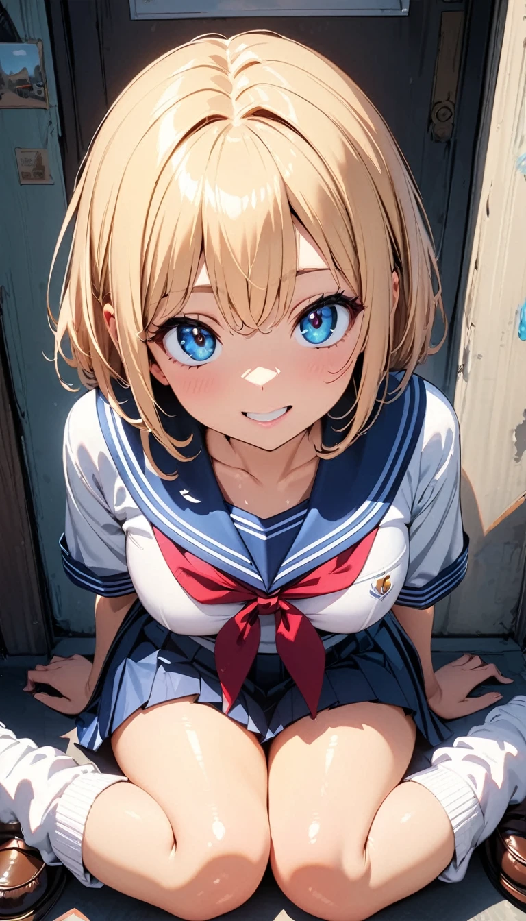 (Highest quality:1.24K, 8K, Studio Anime, Very detailed, Latest, Vibrant, High detail, High Contrast, masterpiece:1.2, Highest quality, Best aesthetics), (((1 Girl))), Sit and pose, ＪＫ, Sailor suit, Pleated skirt, loose socks, loafers, Please open your mouth a little:1.2, smile, Dynamic Angle, look up:1.3, Friendly atmosphere, Beautiful Hair, Shiny Hair, Beautiful Skin, Detailed face and eyes, Glossy Lips, Curvy Women, Striking contrast,