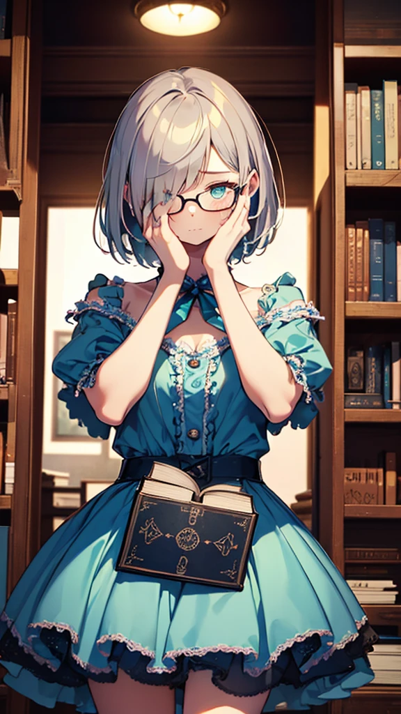 (masterpiece), (best quality), ((very detailed)), (very delicate), (A young girl),10-year-old girl, silver short hair. Soft, shiny hair. Clear cyan droopy eyes, long bangs covering her eyes. Wears glasses to avoid eye contact., Cute frilly dress with detailed textures, Luxurious room with bookshelves and fancy furniture. Often reading books,Shy, always looking down, lacking confidence, on the verge of tears