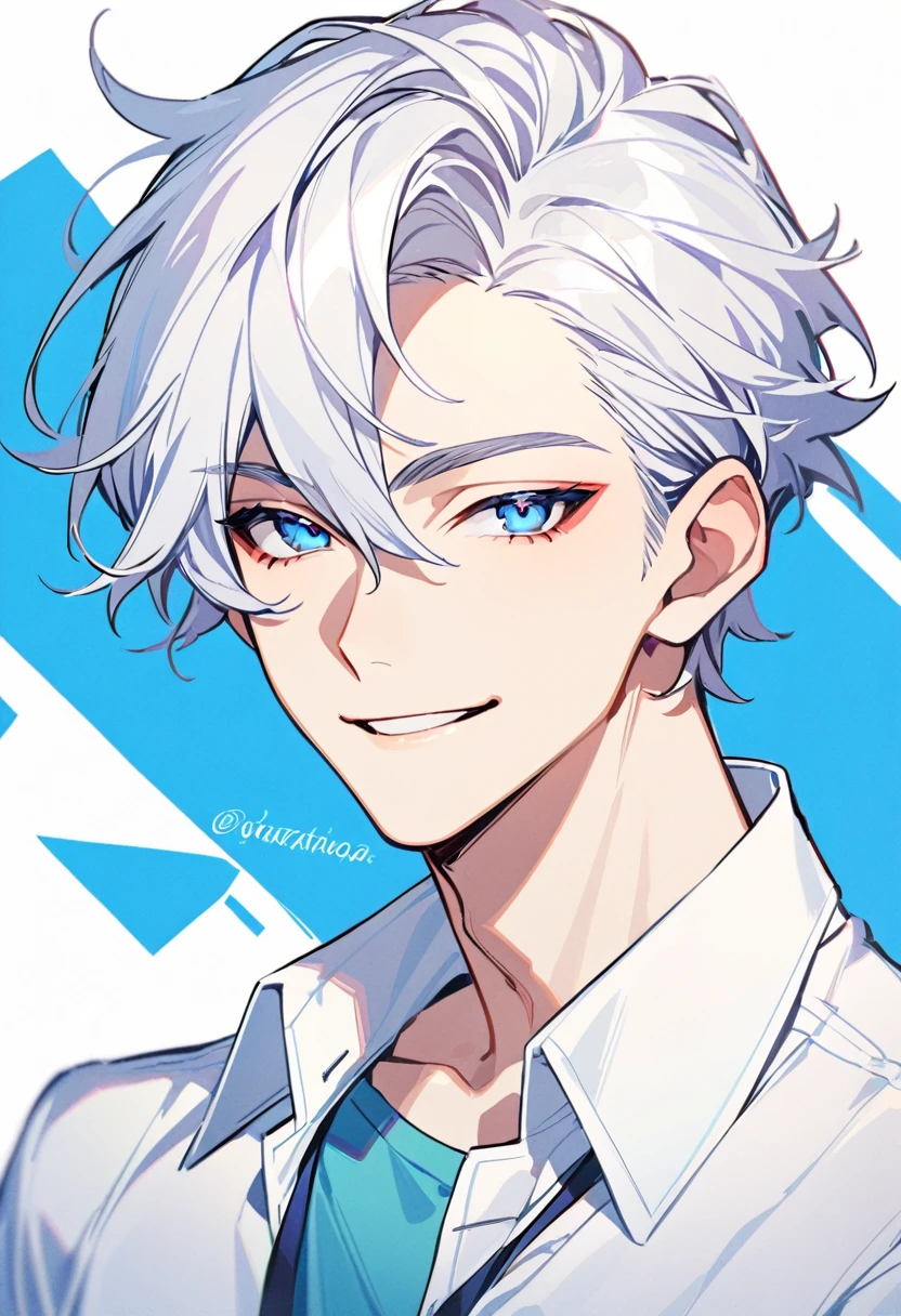 Handsome, solo, 1 male, super short hair, white hair, smile facial, (((shirt))), blue eyes, ((загадочное выражение лица)), ((загадочная улыбка))