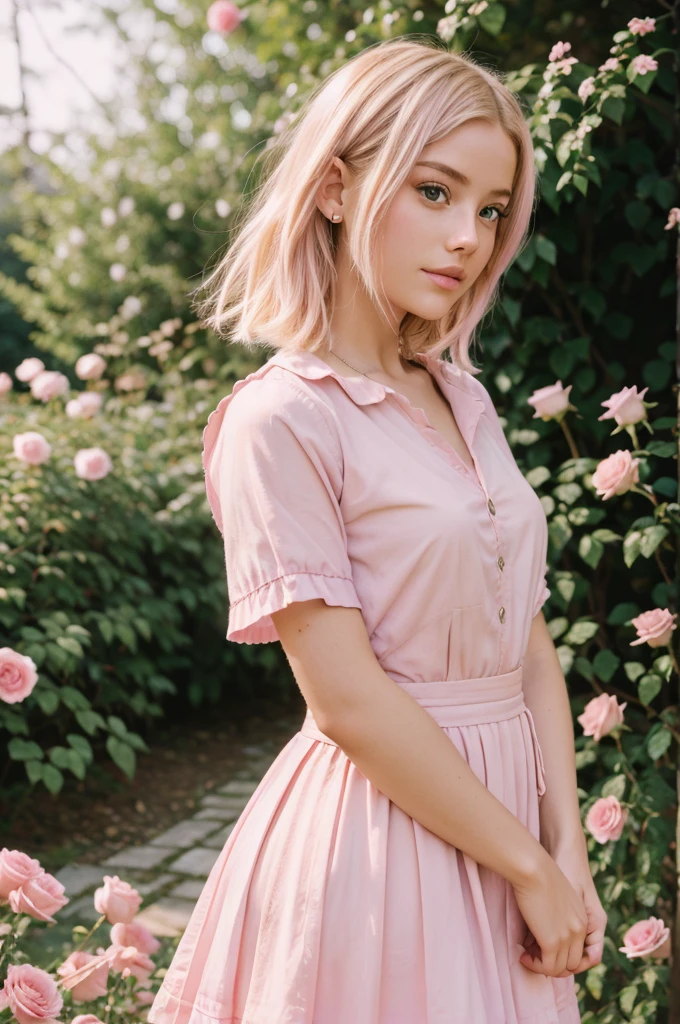 8k, RAW photo, Fujifilm, style photo of a beautiful young woman as avril in a garden of light pink roses (highly detailed skin: 1.2) Style-Petal BREAK short hair, blonde hair with colored locks, wearing school dress, film granulation, 35mm, cute style