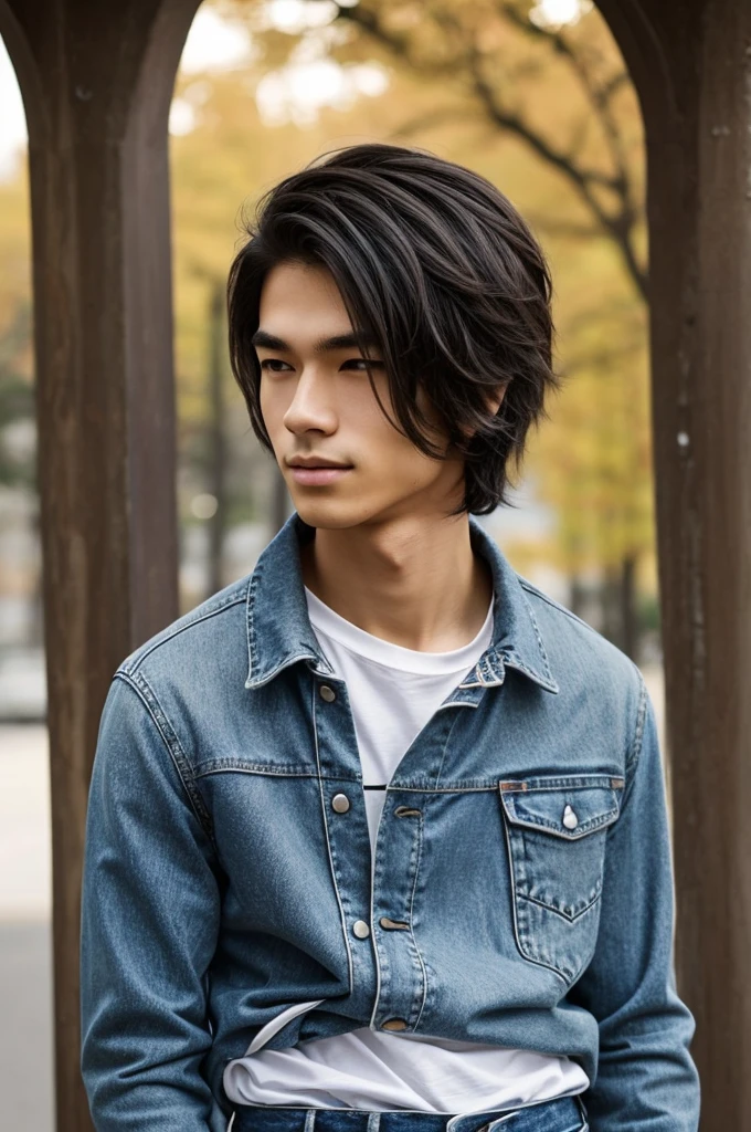 Park Sheridan Age: 16 years Height: Approximately 1,70 meters (5'7")
Complexion: thin and of medium height, with an athletic but not muscular figure.
Hair: black and straight, medium length. Generally well groomed and stylish, with strands that fall slightly over his forehead.
Eyes: Brown and expressive, reflect a calm and thoughtful look.
fur: Clara, reflecting his mixed heritage (korean and caucasian).
Facial features: Soft and proportional features. Straight nose and thin lips. His face has a youthful and attractive appearance..
Clothes: Dress casually but carefully. He often wears rock band t-shirts., tight jeans and sneakers. His style is modern and reflects his love for music..
expression: Often has a thoughtful or slightly smiling expression, showing your introspective and compassionate nature.