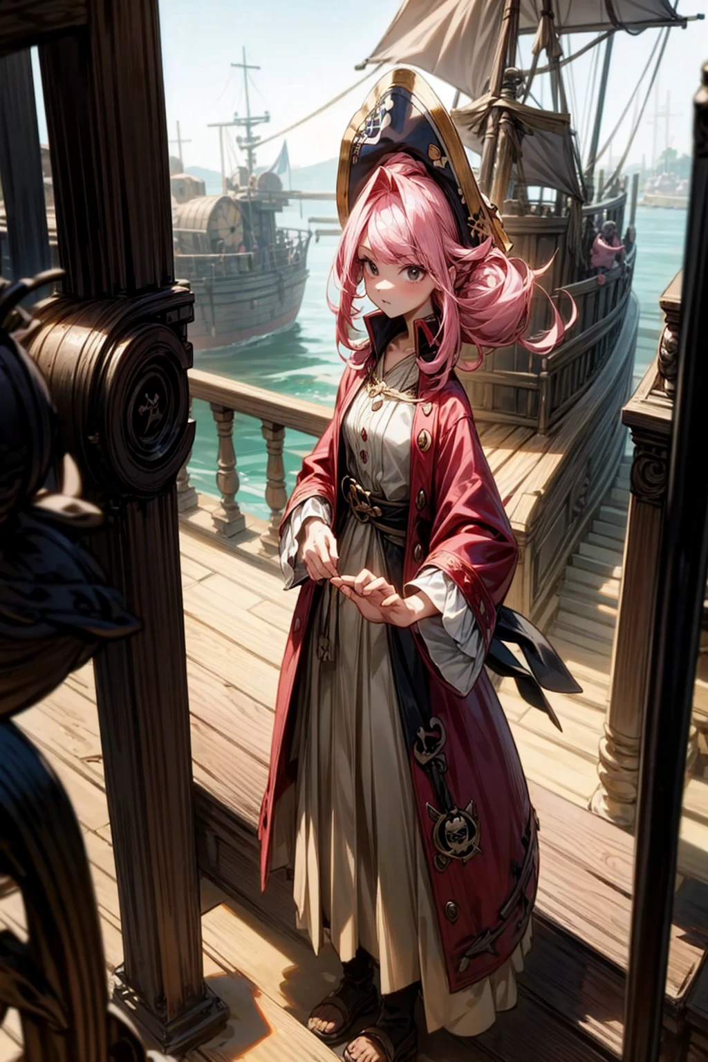 1girl, Full body version, 1character, girl version, black eyes, long Curly haircut, pink colour hair, ancient pirate style clothing, red colour clothing, Grassroots, background in the ship, motion blur, (pokemon style), standing gesture, pirate hat,