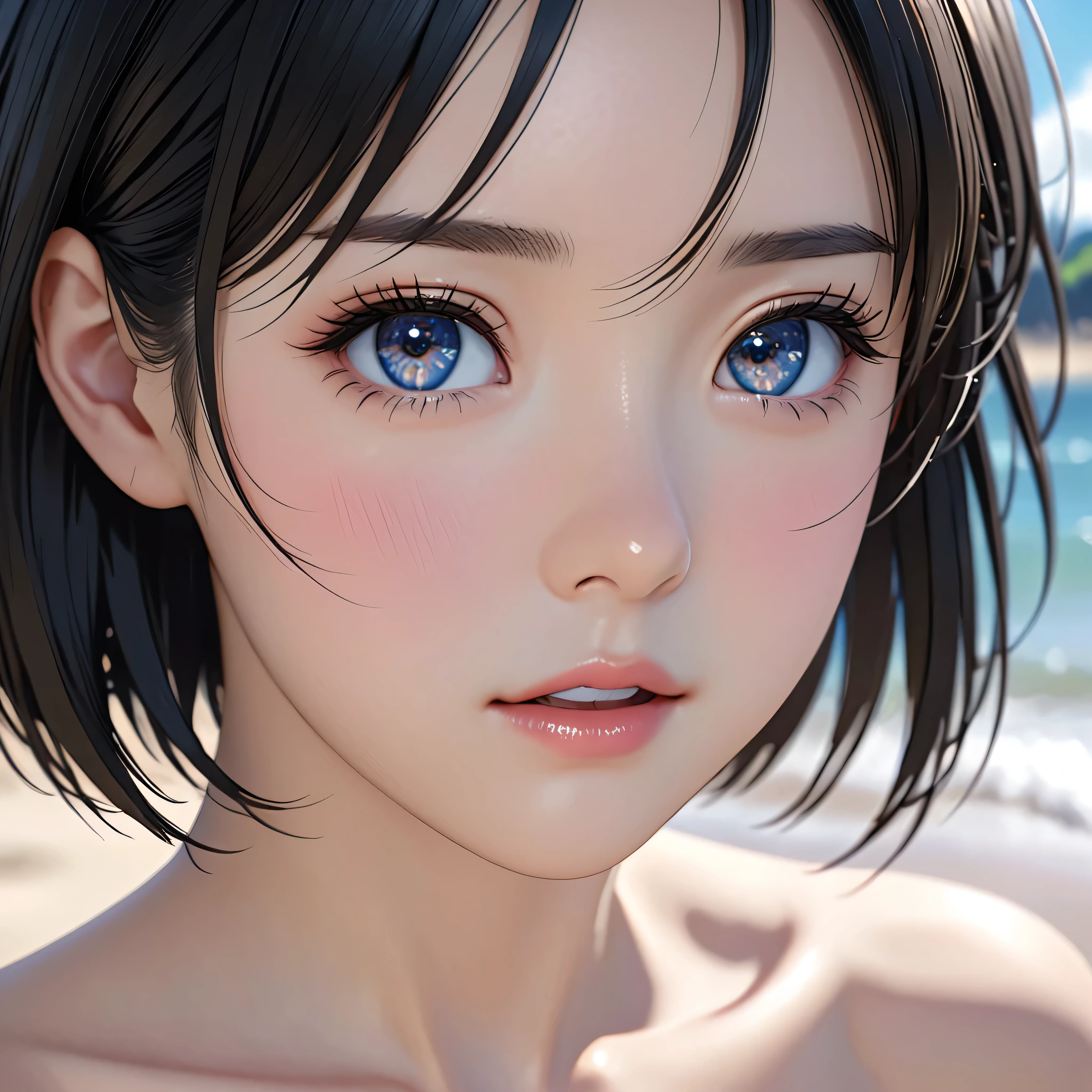 National Science Foundation,masterpiece,High resolution,8K,Art,digit,Three-dimensional,Realism,Kyoto Animation Style,your name movie style,looking into camera,On the scenic beach,(1 girl: 1.3),(alone: 1.4),Upper body nudity,Scissorhands,Black hair,Long eyelashes,Slender legs,Short Bob,Close-up of upper body,Close-up,(Close up),Eyes as deep as the starry sky,shy,blush,open mouth