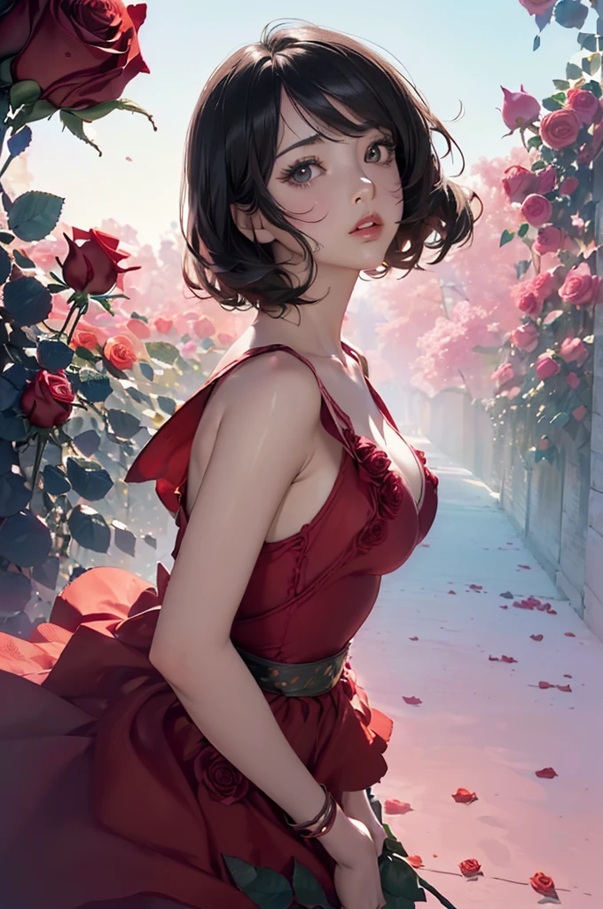Staring straight ahead，Facing forward,front facing portrait((Highly detailed CG unit 8k wallpaper, masterpiece, High resolution, highest quality, highest qualityのリアルテクスチャスキン)), ((very beautiful woman,  :1.5, plump lips,  (messy black hair, white skin, small breasts), ((and handle background, Colorful background with roses and 、PINKwarm color)),  hyper realistic, digital painting, concept art,,Girl looking straight ahead,sexly,front facing body looking up，comprehensive,A red dress with an open chest,Date