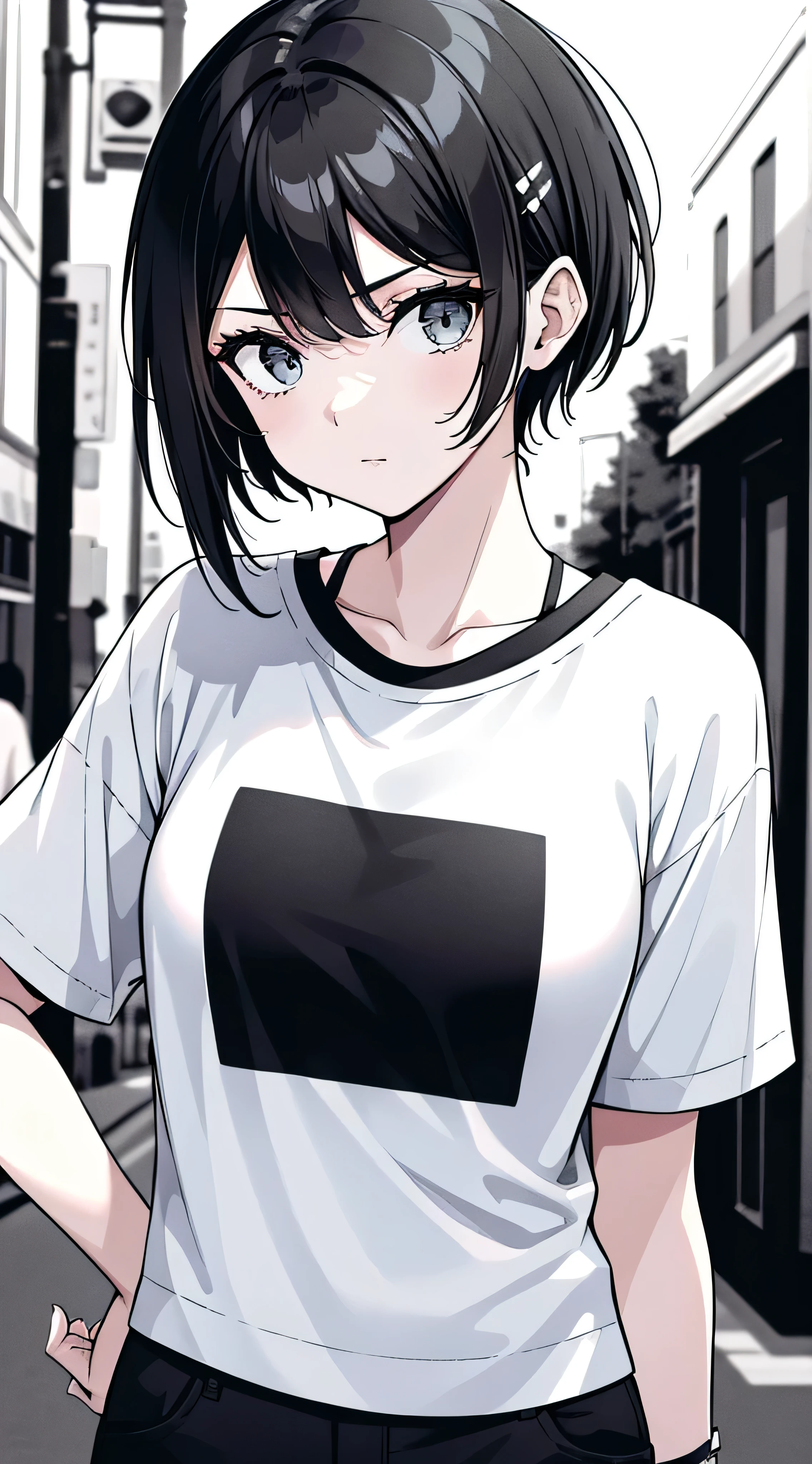 girl, Landscape Portrait, Black and White, Messy short hair, Edgy accessories,Sporty style, Casual T-shirt, A confident gaze, Monochrome color scheme, Look to the side, Chic street fashion, Casual pose with hands in pockets,head,((people)),hairpin