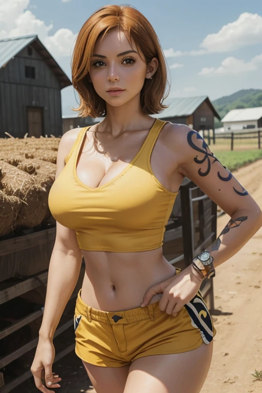 (masterpiece), best quality, expressive eyes, perfect face, front lighting, (farm background), (walking), (seductive look), (cleavage view), (1girl, Nami, 18 years old, orange hair, short hair, brown eyes, hourglass figure, fair skin, skinny body, thin body, medium breasts, oppai, wide hips, thick thighs, sholder tattoo, chest tattoo, collarbone tattoo), BREAK, (yellow v-neck shirt, yellow v-neck shirt, yellow v-neck shirt, sleeveless, croptop, exposed cleavage, BREAK, shorts), bmb-fc,