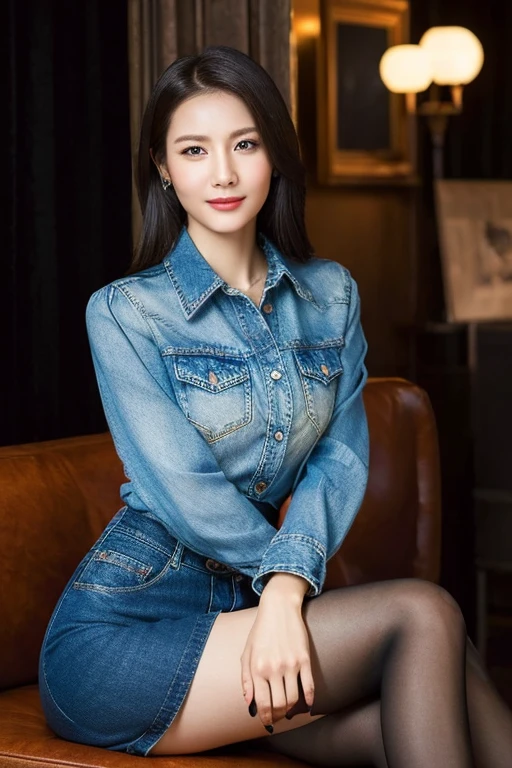 (Highest quality、Ultra-high resolution、masterpiece),(Delicate face,Detailed eyes and face、double eyelid、Glossy red lips)、Colored collared shirt、((Denim midi skirt))、(silk pantyhose)、High heels、Long, slender legs,Sitting pose, High-definition skin texture、Happy expression、Large Breasts、Night in the background、Wind、Starry Sky、moon、(((Full body portrait)))
