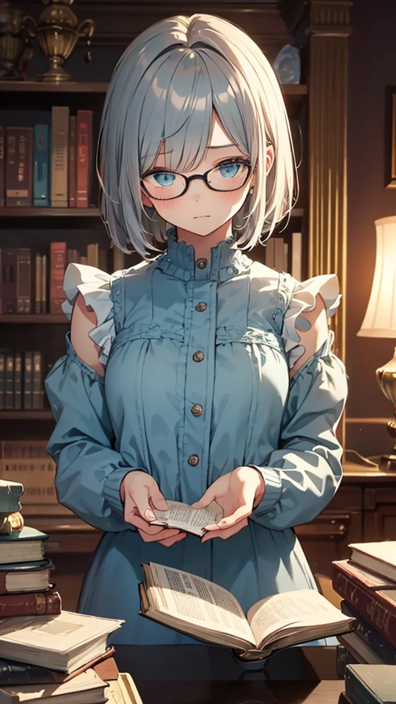(masterpiece), (best quality), ((very detailed)), (very delicate), (A young girl),, silver short hair. Soft, shiny hair. Clear cyan droopy eyes, long bangs covering her eyes. Wears glasses to avoid eye contact., Cute frilly dress with detailed textures, Luxurious room with bookshelves and fancy furniture. Often reading books,Shy, always looking down, lacking confidence, on the verge of tears