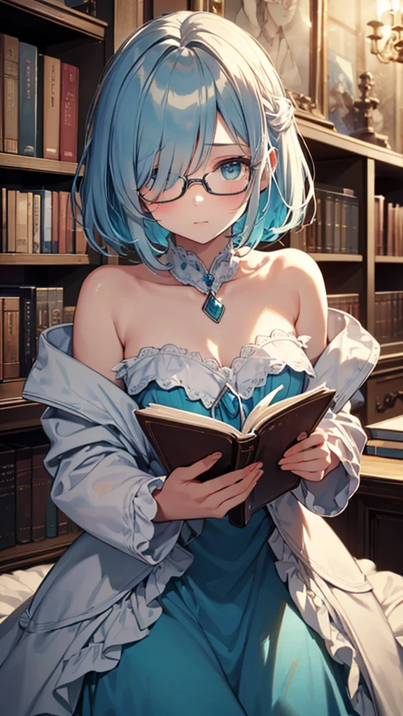 flat chests, nsfw, masterpiece, 1 girl, erect nipples, intricately detailed, topless, navel, bare shoulders, necklace, mint green hair, embarrassed, brown skirt, head scarf, round glasses, extremely detailed, photorealistic, octane render, 8 k, unreal engine, bare breasts, puffy nipples, green eyes, carrying book, yawning, fantasy, enchanted, book, herbs, magical, mage, bare stomach, sweaty, child, arm strap, full body, sitting, alchemist, open mouth, scared, green house, potions, plants, vegetables