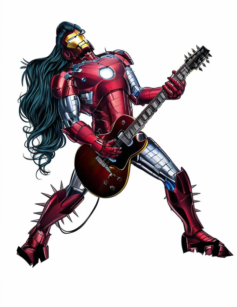 Iron Man, spikes on costume,  playing electric guitar, back arched back, head tilted,  long flowing hair