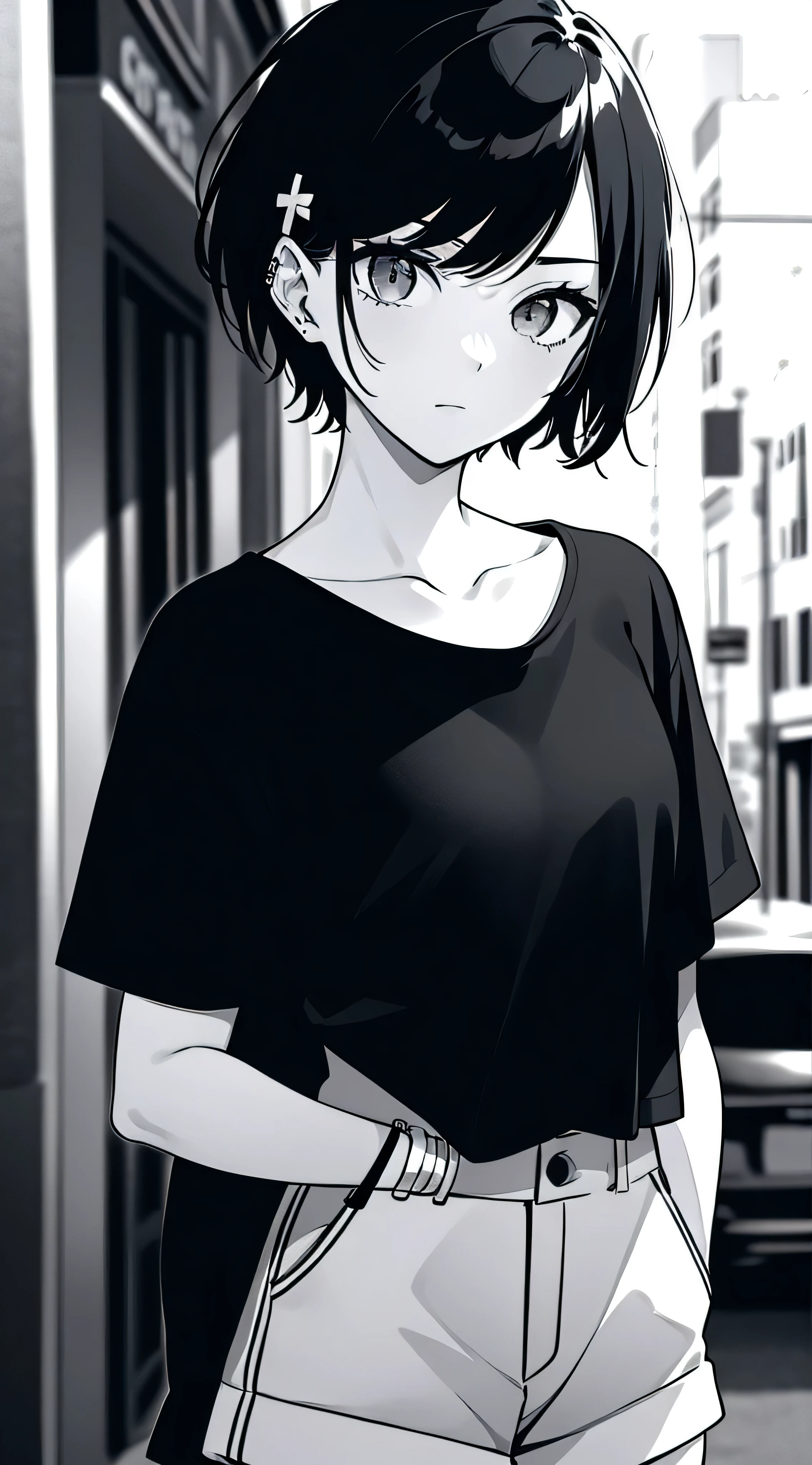 girl, Landscape Portrait, Black and White, Messy short hair, Edgy accessories,Sporty style, Casual T-shirt, A confident gaze, Monochrome color scheme, Look to the side, Chic street fashion, Casual pose with hands in pockets,head,((people)),hairpin