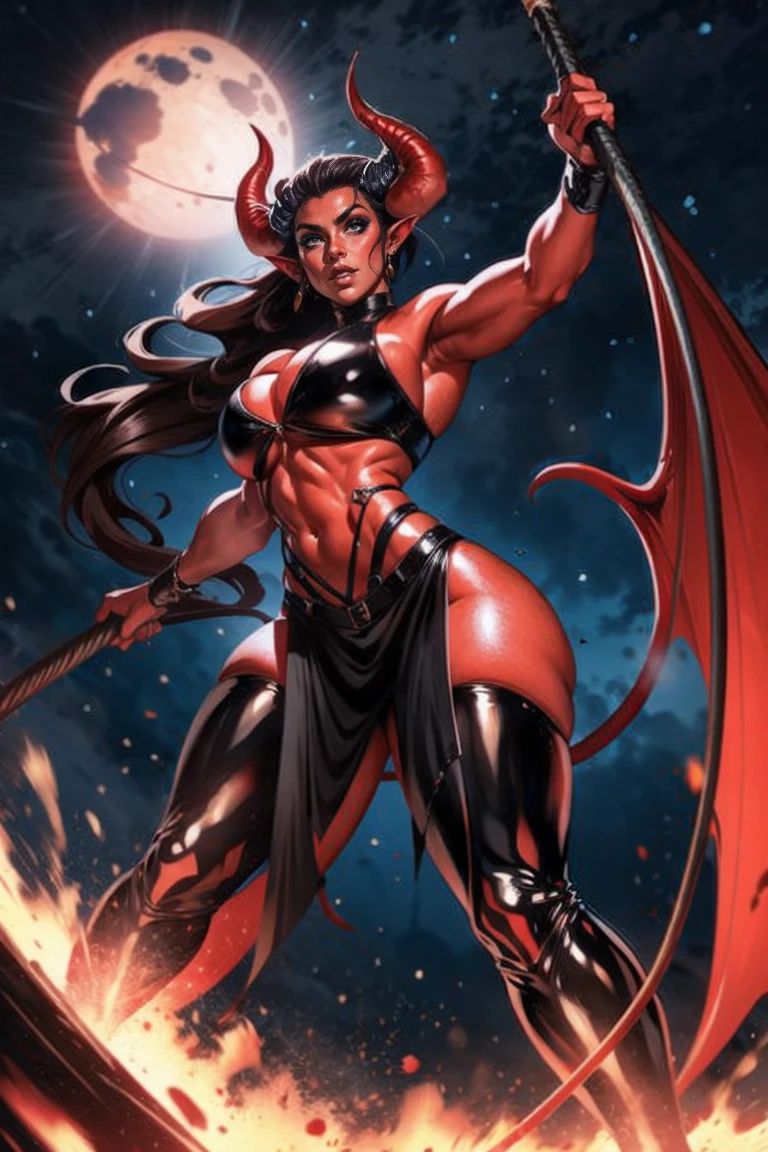 Red skin succubus tiefling, medium breasts, black horns, wings, huge tail, black leather, crop top, long flowing pelvic curtain, tall, toned, graceful, thin, long black ponytail. Action scene, whip. Dark scene, explosions, night sky.