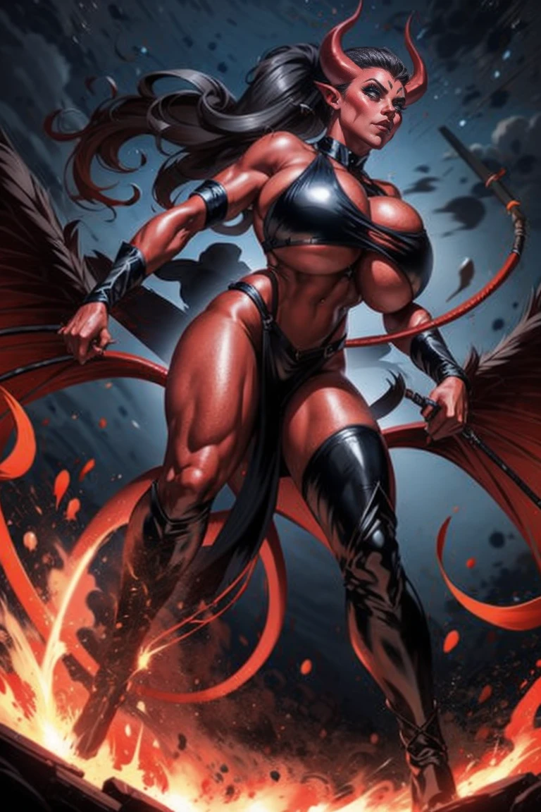 Red skin succubus tiefling, medium breasts, black horns, wings, huge tail, black leather, crop top, long flowing pelvic curtain, tall, toned, graceful, thin, long black ponytail. Action scene, whip. Dark scene, explosions, night sky.