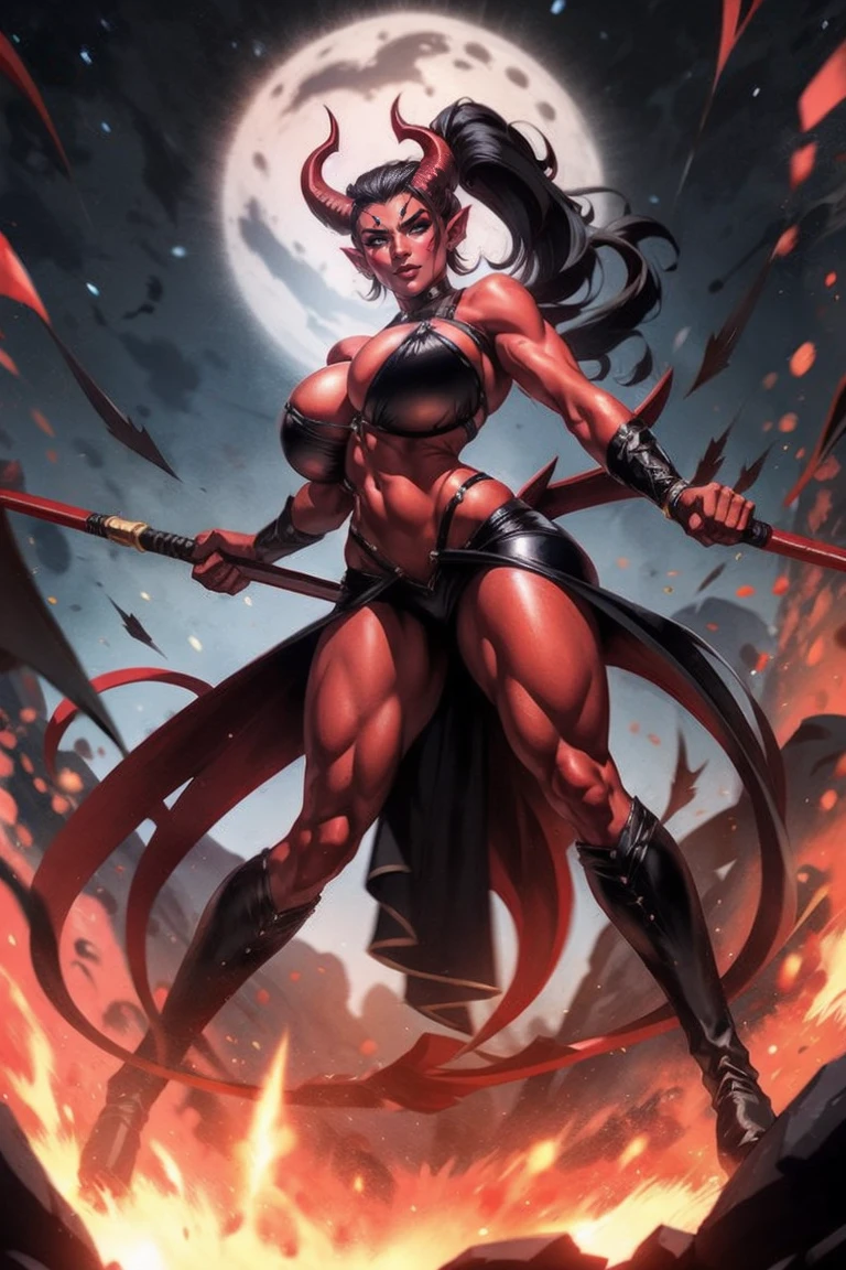 Red skin succubus tiefling, medium breasts, black horns, wings, huge tail, black leather, crop top, long flowing pelvic curtain, tall, toned, graceful, thin, long black ponytail. Action scene, whip. Dark scene, explosions, night sky.
