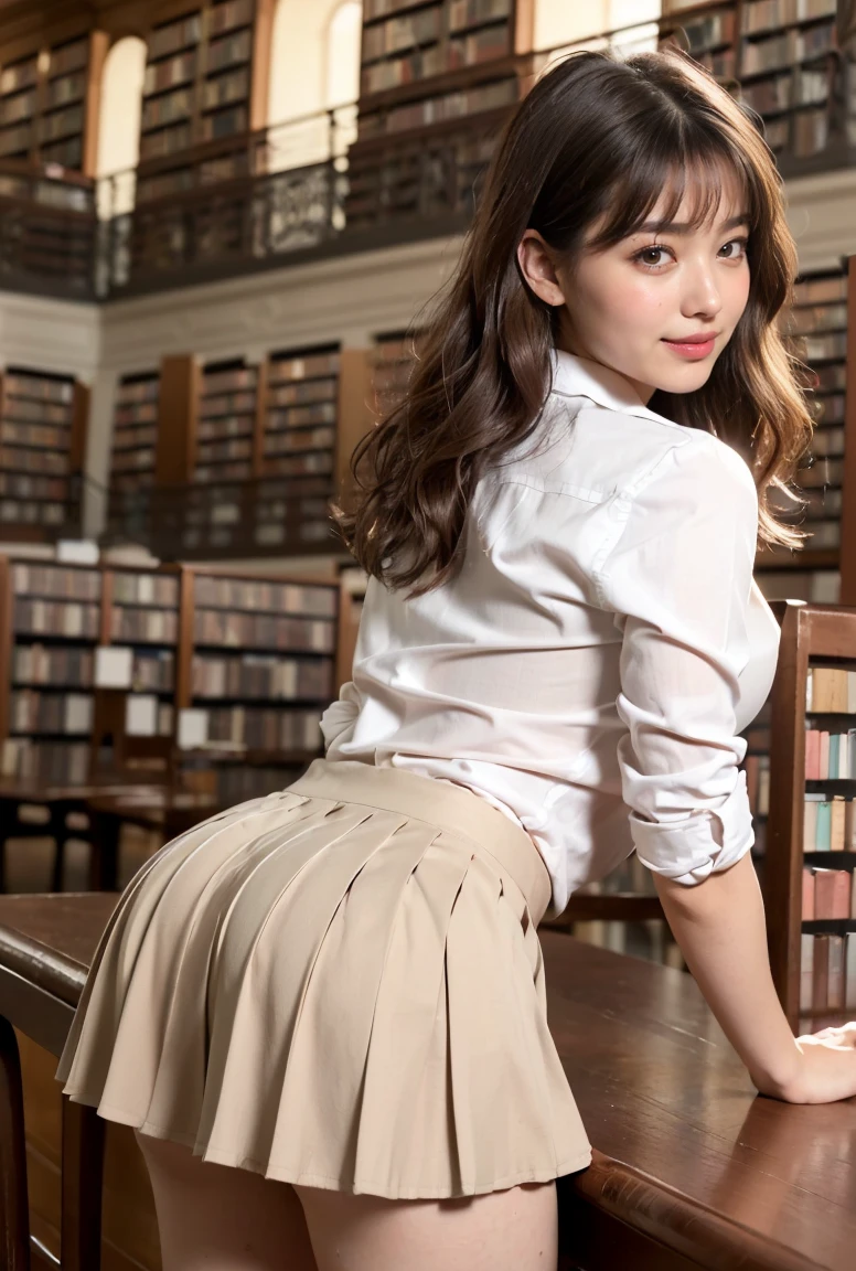 (((neat woman, perverted:1.9,hand on mouth,deep make up:1.8,touch own nipples over clothes:1.9,little pussy juice:1.9))),(((arched back,from below,huge breasts:1.8,kind smile:1.8,blush:1.8,deep cheek:1.8))),please touch me,eat me,tempting viewer,i want you))),(((blush,blush,deep cheek,deep cheek)))),(cinematic lighting), (Photo real:1.4)、(A hyper-realistic:1.4)、(Photorealistic:1.3)、 (gentle lighting: 1.05)、(Improve the lighting quality of your video:0.9)、 32k、25years old woman、photorealistic lighting、Back lighting、Facial Lights、Ray Trace、(bright:1.2)、(Increase quality:1.4)、 (best quality real texture skin)、Fair eyes,delicate face、 Close-up of the face,  ((((Wearing the white collared-shirts,pleated beige skirt,high-heel:1.4))),(Bodyline mood improvement:1.1)、Glossy skin、good figure,perfect anatomy,Beautiful actress,(((beautiful huge soft breasts:1.8,huge breasts,slender waist,slender hip,long slender legs,8heads tall))),(((8heads tall))),(((brown wavy midium hair,bangs))),(((sweat skin,shiny skin,in the beautiful library,super clean night view,in the night))),