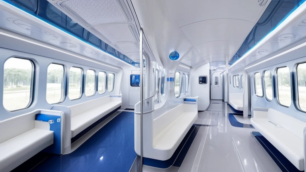 White futuristic train interior、Everything is in white、White wall、White long seats only、Blue Ne Online