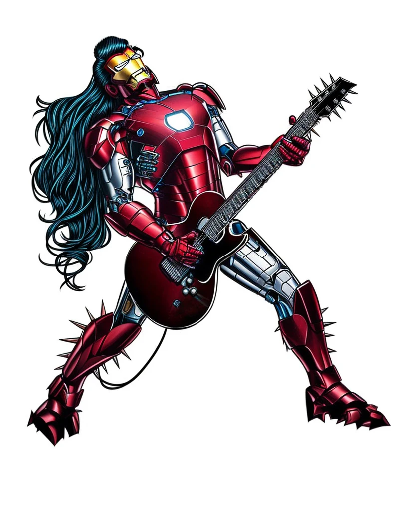 Iron Man, spikes on costume,  playing electric guitar, back arched back, head tilted,  long flowing hair