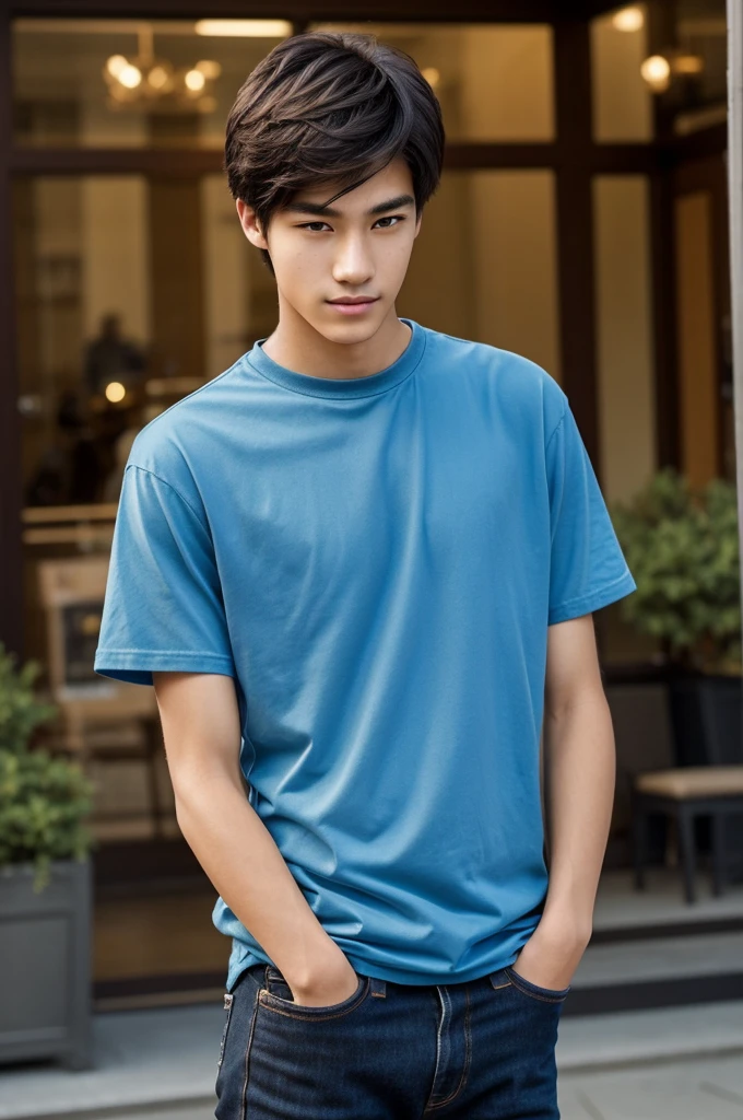 Park Sheridan Age: male teenager 16 years old Height: Approximately 1,70 meters (5'7")
Complexion: thin and of medium height, with an athletic but not muscular figure.
Hair: black and straight, medium length. Generally well groomed and stylish, with strands that fall slightly over his forehead.
Eyes: Brown and expressive, reflect a calm and thoughtful look.
fur: Clara, reflecting his mixed heritage (korean and caucasian).
Facial features: Soft and proportional features. Straight nose and thin lips. His face has a youthful and attractive appearance..
Clothes: Dress casually but carefully. He often wears rock band t-shirts., tight jeans and sneakers. His style is modern and reflects his love for music..
expression: Often has a thoughtful or slightly smiling expression, showing your introspective and compassionate nature.