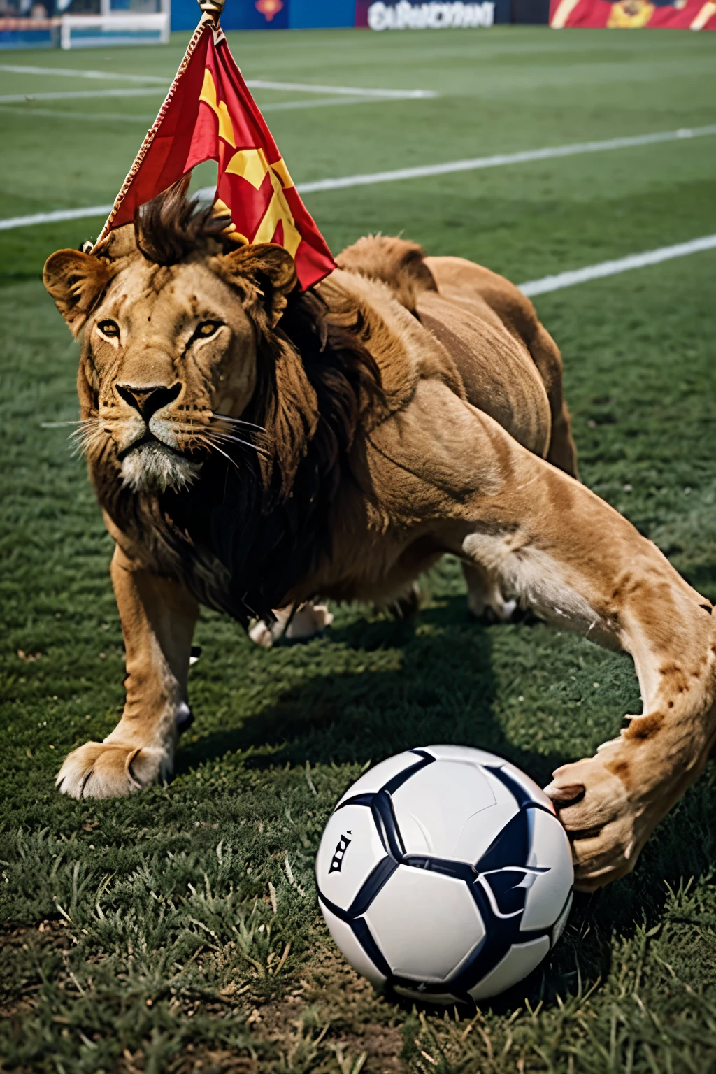 Cartoon bull with Spanish flag killing lion with English flag on a soccer field 