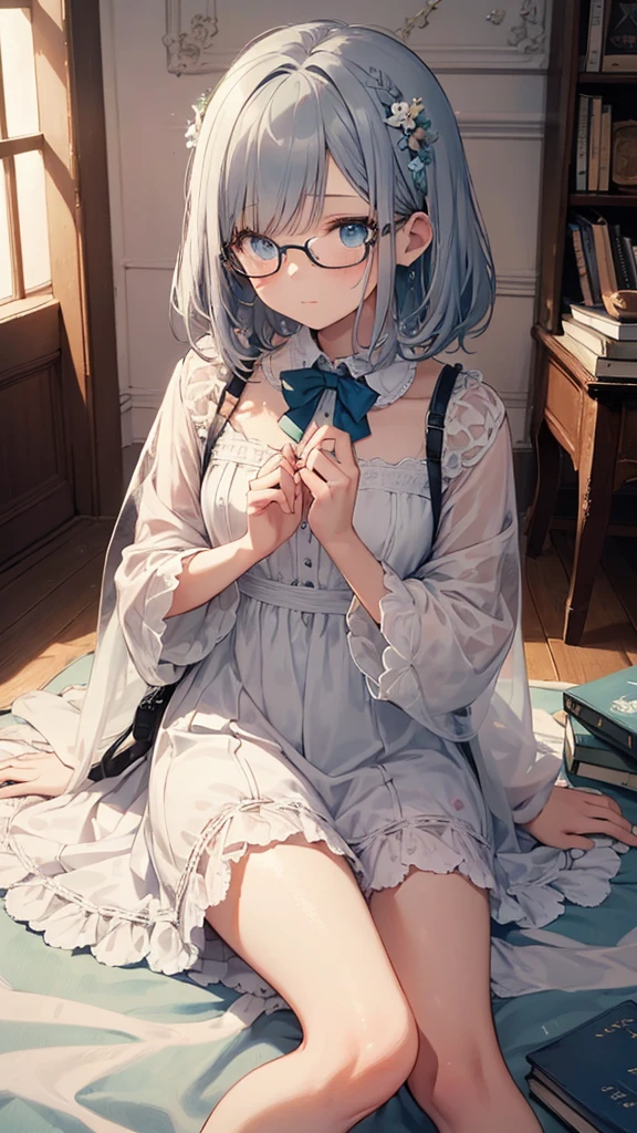 (masterpiece), (best quality), ((very detailed)), (very delicate), (A young girl),, silver short hair. Soft, shiny hair. Clear cyan droopy eyes, long bangs covering her eyes. Wears glasses to avoid eye contact., Cute frilly dress with detailed textures, Luxurious room with bookshelves and fancy furniture. Often reading books,Shy, always looking down, lacking confidence, on the verge of tears