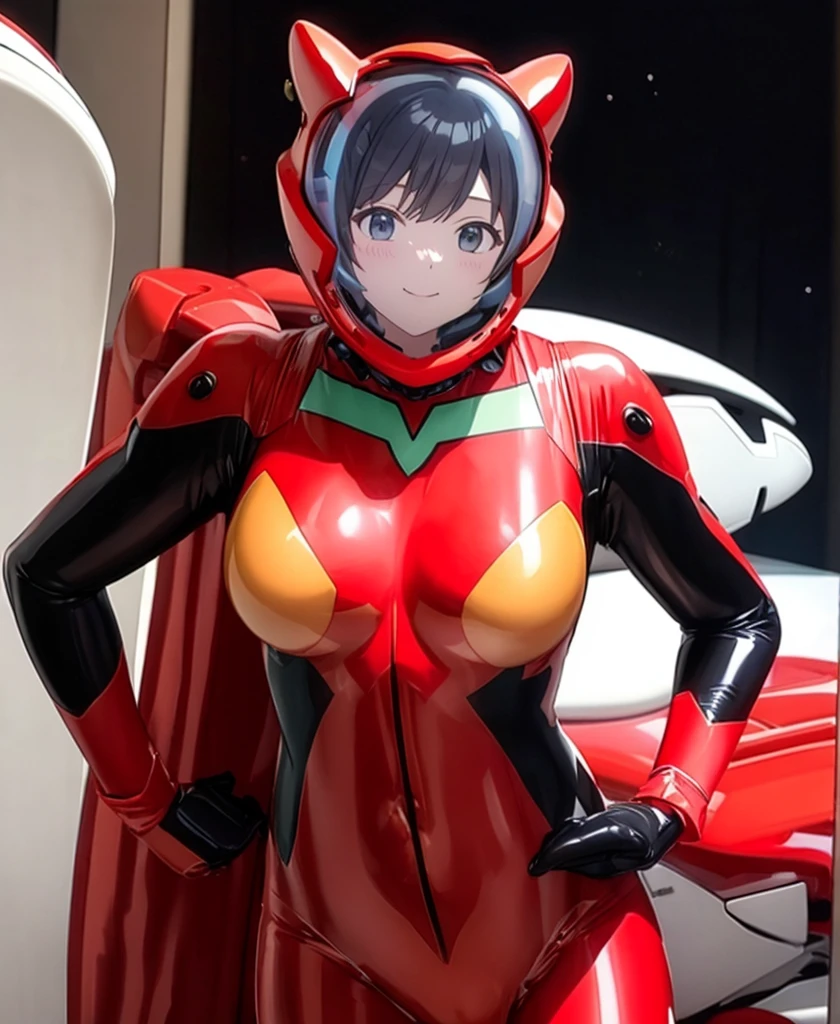 (baburuherumetto,Browsing Caution,masterpiece,Highest quality,, masterpiece, Highest quality,, , ,, Very slim, girl, sex Eva Helmet, Spacesuit , astronaut), Very short hair, Black Hair, baburuherumetto, Anime Style, Cinematic Light, Medium chest,Bodysuits, Plug Suit, 紺色Bodysuits, Space Helmet , Eva Helm, smile,cute