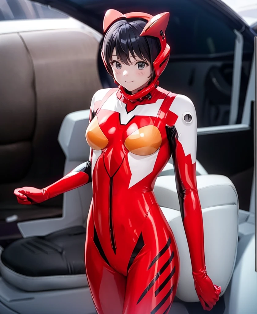 (baburuherumetto,Browsing Caution,masterpiece,Highest quality,, masterpiece, Highest quality,, , ,, Very slim, girl, Eva Helmet, Spacesuit , astronaut), Very short hair, Black Hair, baburuherumetto, Anime Style, Cinematic Light, Medium chest,Bodysuits, Plug Suit, 紺色Bodysuits, Space Helmet , Eva Helm, smile,cute
