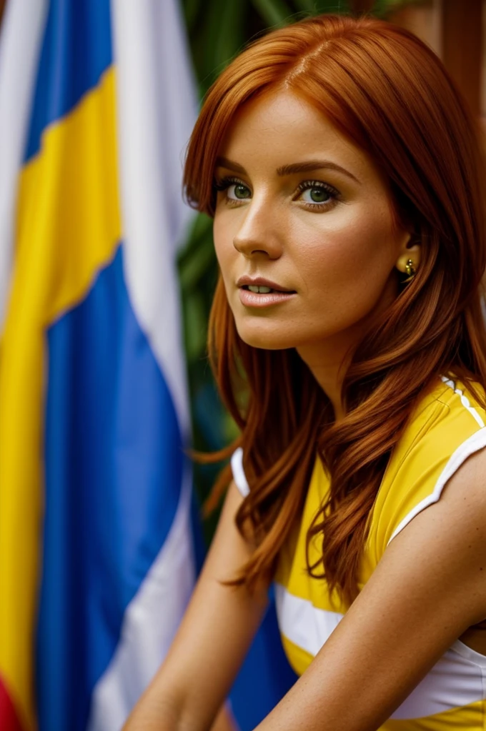 A copper-haired woman named Mary supporting Colombia in the match
