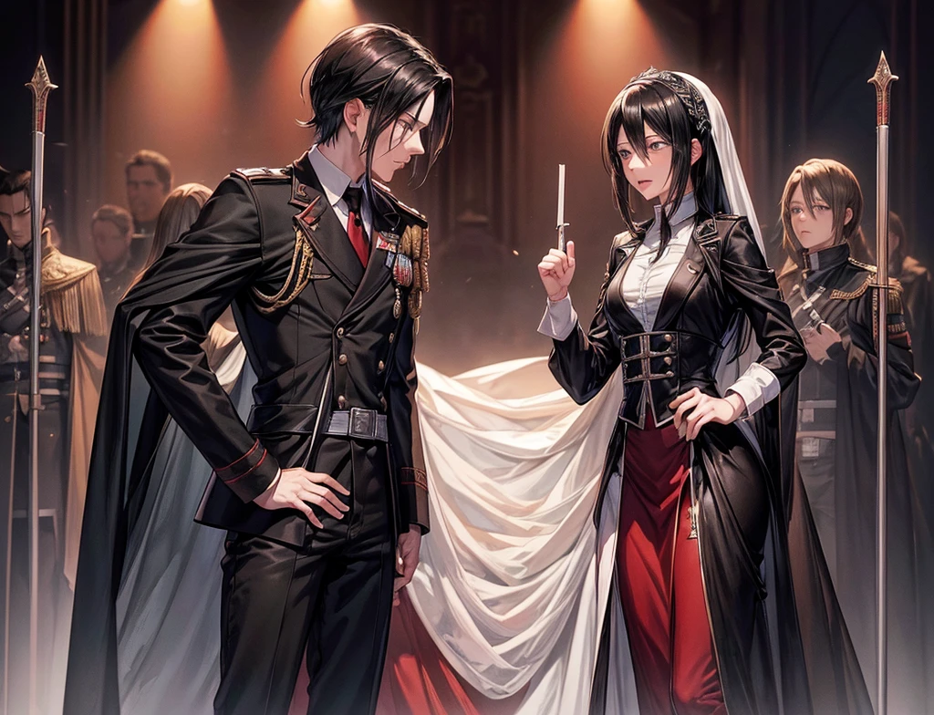 The commander of the army (he looks like Sebastian Michaelis) making his speech to his soldiers on the stage and her beautiful assistant (she looks like Mikasa from attack on Titan) is with his side
Make this scene very epic