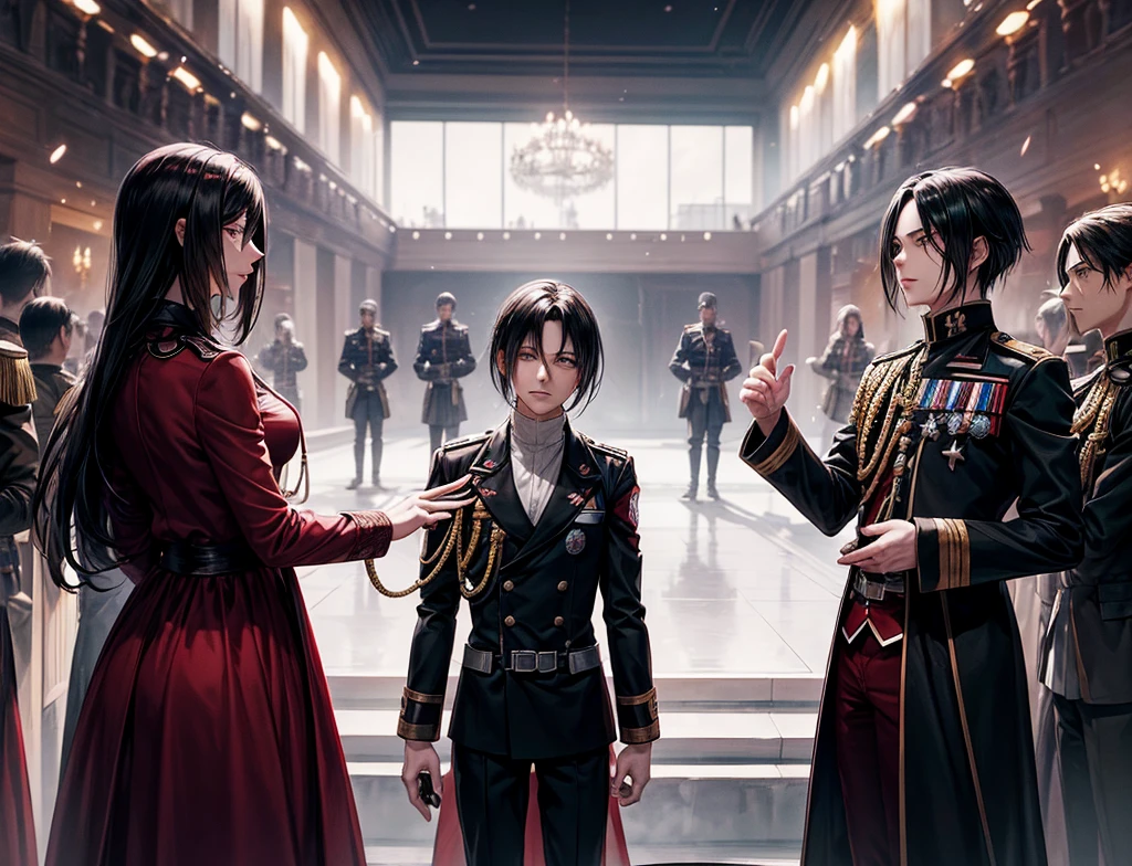 The commander of the army (he looks like Sebastian Michaelis) making his speech to his soldiers on the stage and her beautiful assistant (she looks like Mikasa from attack on Titan) is with his side 


Make this scene very epic 