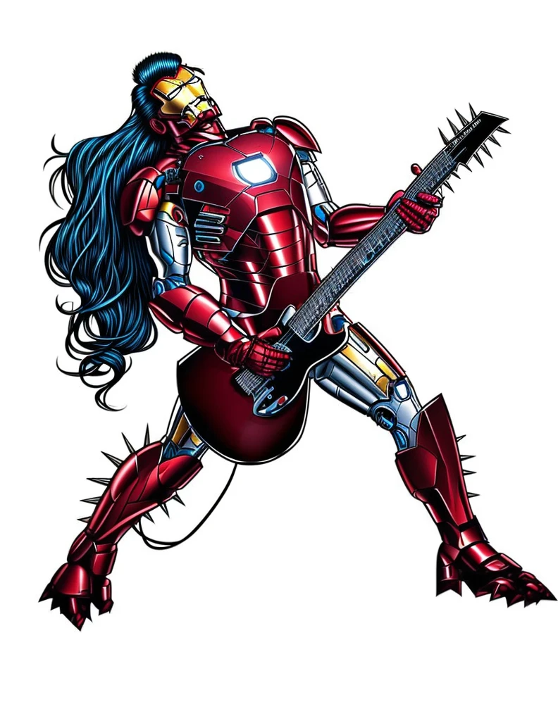 Iron Man, spikes on costume,  playing electric guitar, back arched back, head tilted,  long flowing hair