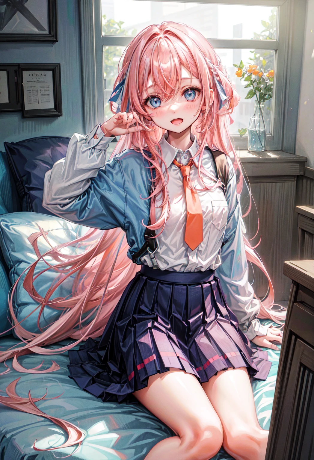 One girl, Hoshino (Blue Archive), alone, Heterochromia iridis, Pink Hair, skirt, Long Hair, tie, Ahoge, shirt, Hello, Plaid skirt, blue eyes, Plaid, View your viewers, white shirt, Sitting, Orange eyes, chest Harness, Harness, Long sleeve, ID card, Open your mouth, very Long Hair, collared shirt, smile, blue tie, bangs, The legs are off the frame, Between the legs, hand Between the legs, blush, Hair between the eyes, High resolution,masterpiece, Highest quality