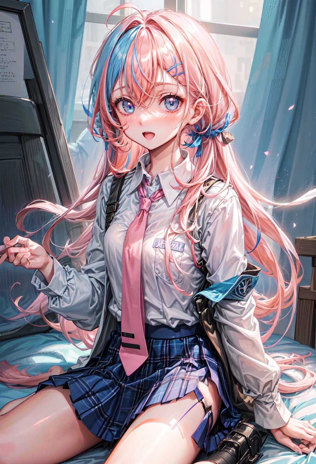 One girl, Hoshino (Blue Archive), alone, Heterochromia iridis, Pink Hair, skirt, Long Hair, tie, Ahoge, shirt, Hello, Plaid skirt, blue eyes, Plaid, View your viewers, white shirt, Sitting, Orange eyes, chest Harness, Harness, Long sleeve, ID card, Open your mouth, very Long Hair, collared shirt, smile, blue tie, bangs, The legs are off the frame, Between the legs, hand Between the legs, blush, Hair between the eyes, High resolution,masterpiece, Highest quality