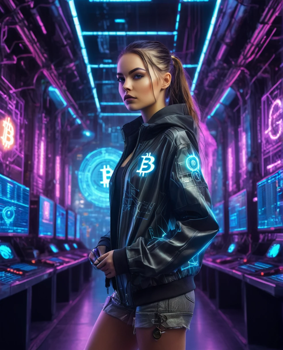 A pretty girl in cyberpunk jacket in a futuristic financial trading hall with high-tech miners mining Bitcoin, the Bitcoin symbol in a technological and electronic scenario, cyberpunk and futuristic, Science fiction, hightech, photo realist, best qualityer