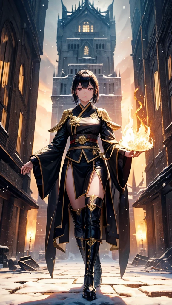Japanese female, short 
Fantasy magician outfit, black with gold trim, 3D realistic body, gold hair, sparkling golden eyes, boots, and stood on the ground fiercely golden magic letters Several large magic rings appeared behind him. Behind him, the ruins of the castle were lit on fire amidst the falling snow. Darker tones capture the full effect.