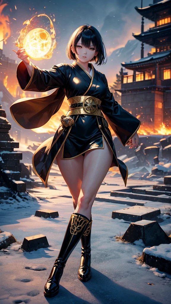 Japanese female, short
Fantasy magician outfit, black with gold trim, 3D realistic body, gold hair, sparkling golden eyes, boots, and stood on the ground fiercely golden magic letters Several large magic rings appeared behind him. Behind him, the ruins of the castle were lit on fire amidst the falling snow. Darker tones capture the full effect.