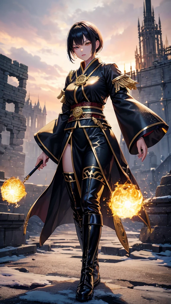 Japanese female, short
Fantasy magician outfit, black with gold trim, 3D realistic body, gold hair, sparkling golden eyes, boots, and stood on the ground fiercely golden magic letters Several large magic rings appeared behind him. Behind him, the ruins of the castle were lit on fire amidst the falling snow. Darker tones capture the full effect.