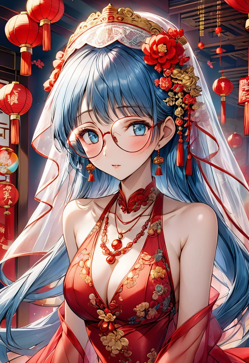 very long hair,（（（Eyes are very delicate）））（（（hair accessories）））（（（Veil）））,necklace,Misako wears a red transparent sexy silk dress, ((skin glowing))The room is filled with Chinese New Year decorations（（（masterpiece）））, （（best quality））, （（intricate details））, （（surreal））（8K）Glasses