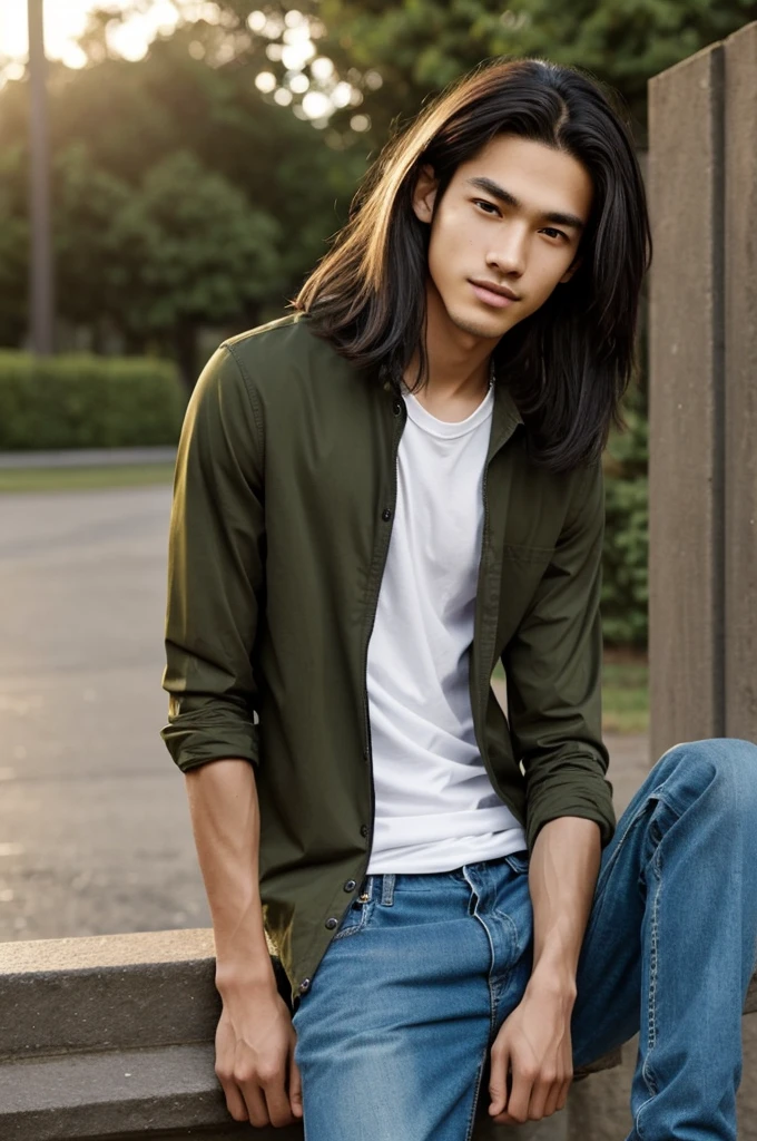 Park Sheridan Age: male teenager Height: Approximately 1,70 meters (5'7")
Complexion: thin and of medium height, with an athletic but not muscular figure.
Hair: black and straight, medium length. Generally well groomed and stylish, with strands that fall slightly over his forehead.
Eyes: Brown and expressive, reflect a calm and thoughtful look.
fur: Clara, reflecting his mixed heritage (korean and caucasian).
Facial features: Soft and proportional features. Straight nose and thin lips. His face has a youthful and attractive appearance..
Clothes: Dress casually but carefully. He often wears rock band t-shirts., tight jeans and sneakers. His style is modern and reflects his love for music..
expression: Often has a thoughtful or slightly smiling expression, showing your introspective and compassionate nature.