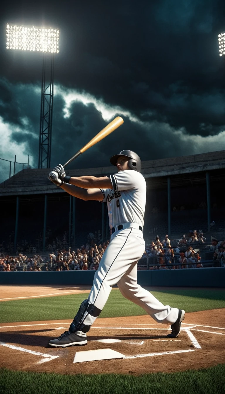 dark horror, game for life, baseball player try to hit impossible ball, (best quality,4k,8k,highres,masterpiece:1.2),ultra-detailed,(realistic,photorealistic,photo-realistic:1.37), cinematic lighting, dramatic shadows, gritty, moody, (haunting,unsettling,ominous:1.2), intense sports action, player swinging bat, ball glowing with eldritch energy, dark storm clouds, decrepit baseball field, crumbling stadium, (crowd cheering,crowd gasping:1.1), dramatic camera angle, Cinematic Hollywood Film