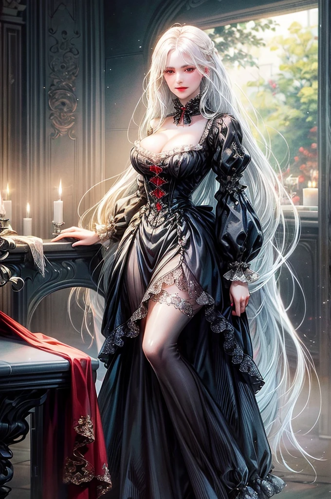 silver-white long hair，black long dress，Sit sideways，Expose long legs，Wearing black stockings，Raised sexy，black heels，Holding Erlang's legs