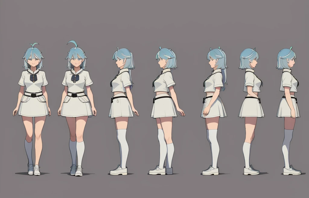 ((masterpiece)),(((best quality))),(character design sheet, same character, front, side, back), illustration, 1 girl, charturnbetalora, concept art, character concept art, character sketch, reference sheet, character sheet, ( background, white background: 1.3),blue skirt,long hair,light blue hair,white blouse,shoes,black thigh highs, silver armor bracer,black belt,