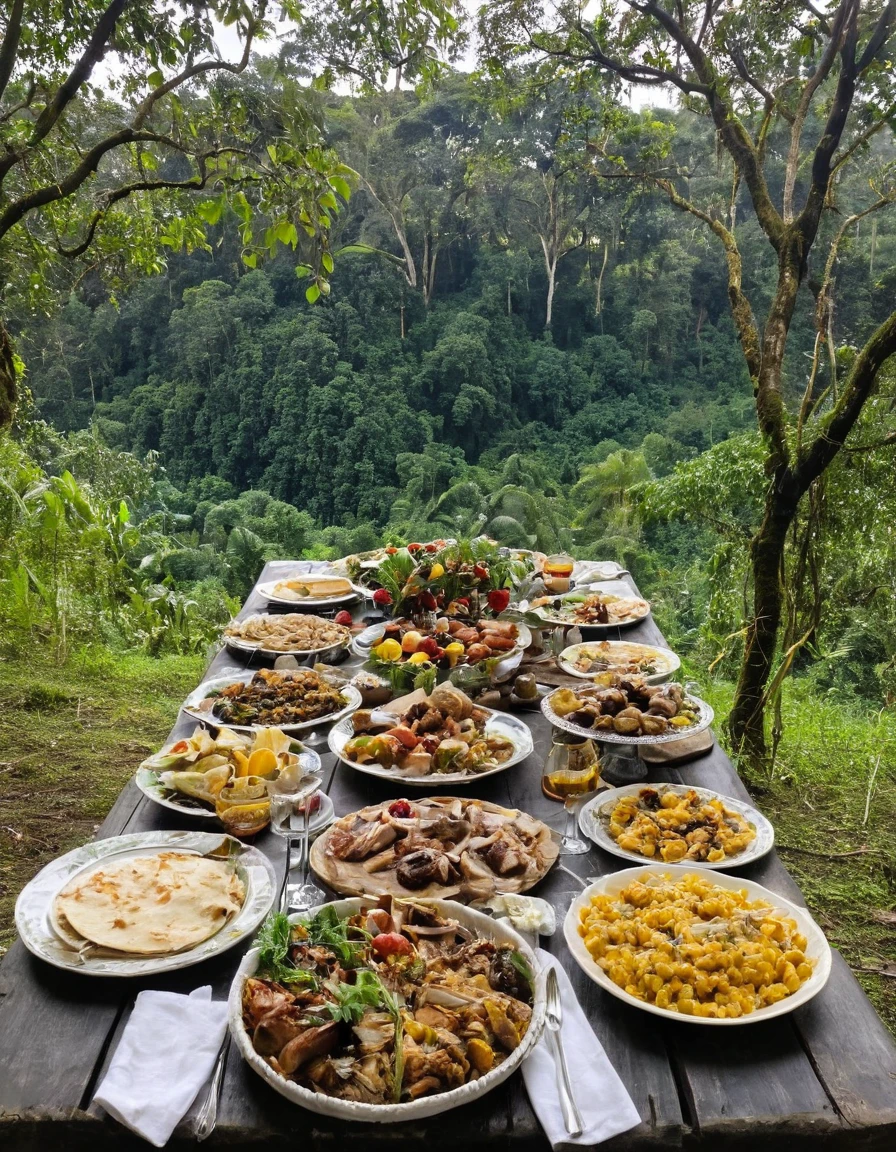 there are many plates of food on a table with a view, ❤🔥🍄🌪, forest picnic, the table is full of food, delicious food, eating outside, cooking it up, dinner is served, cozy place, awesome greate composition, all in the amazing outdoors view, overflowing feast buffet table, setting in nature, outdoors setting, jungle setting